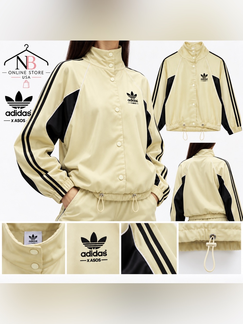 adidas Originals × ASOS oversized funnel neck track top in buttermilk satin